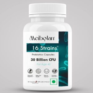 Meibotan Probiotics Supplement 16 Strains with 30 Billion CFU For Men & Women with Prebiotics – Gut Support, Digestion, Immunity Support, Detox & Cleanse – 60 Vegetarian Capsules,Age 45+
