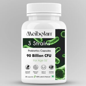 Meibotan Best Probiotics Supplement 3 Strains with 90 Billion CFU For Men & Women with Prebiotics – Gut Support, Digestion, Immunity Support, Detox & Cleanse – 30 Vegetarian Capsules,Age 55+
